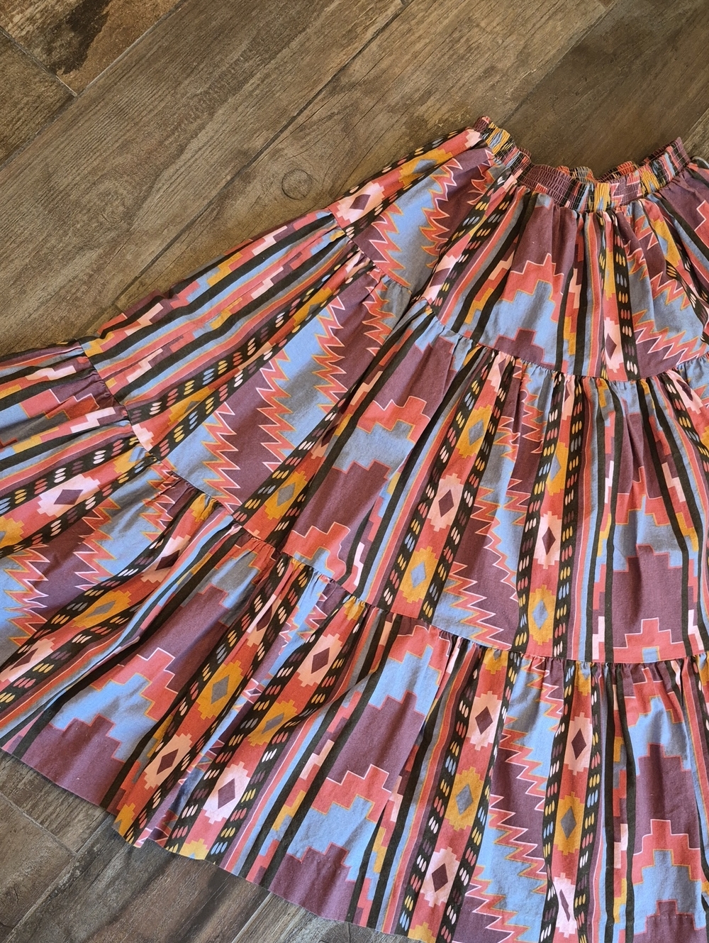 XXS-M Vtg Rockmount Ranch Wear Aztec Print Tiered Elastic Waist Midi Skirt - Picture 12 of 15